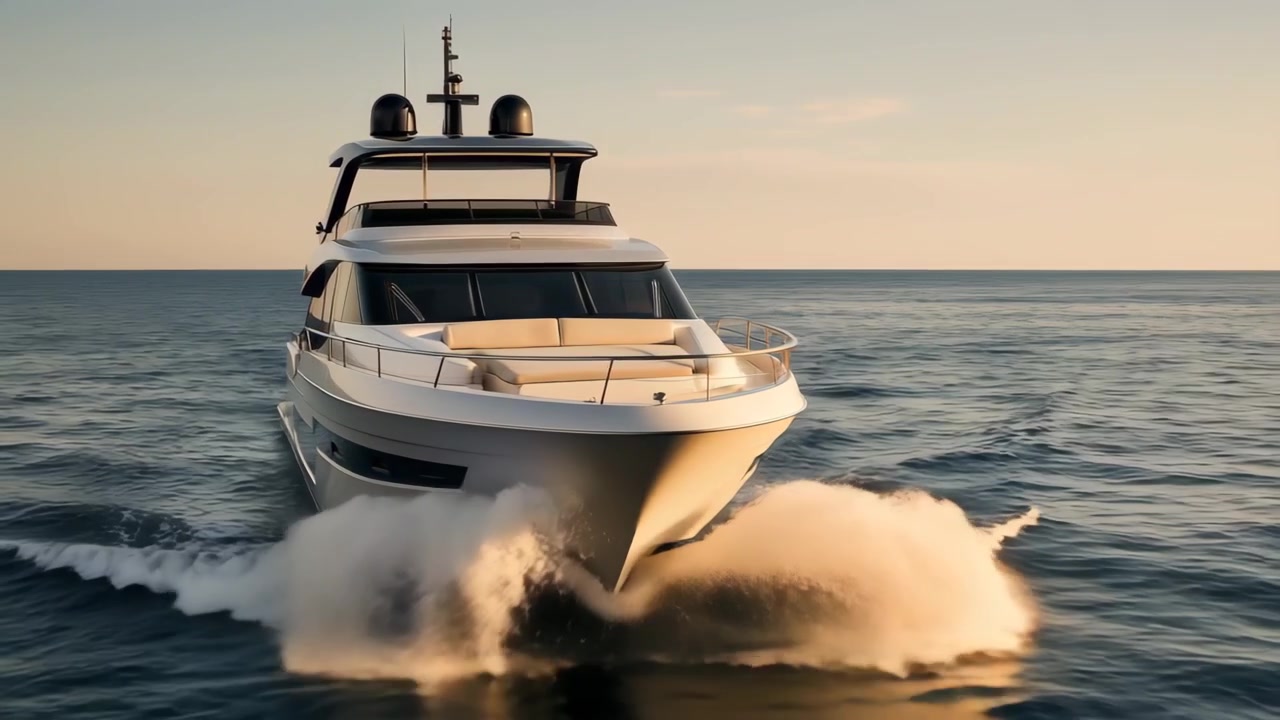 Yacht a motore di lusso che naviga su un oceano calmo al tramonto