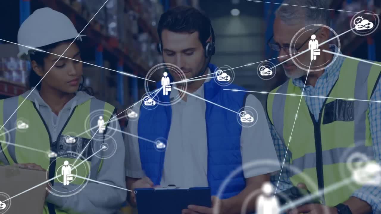 animación de la red de conexiones con iconos sobre diversos trabajadores en el almacén