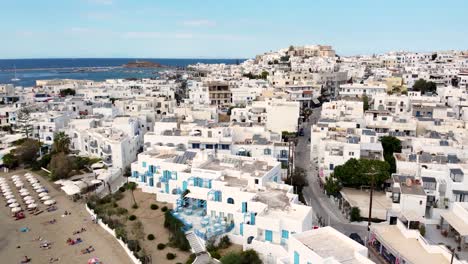 orbital aerial view over the center of naxos town, chora, greece