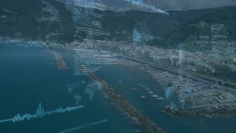 animación del procesamiento de datos sobre una vista aérea de la ciudad costera