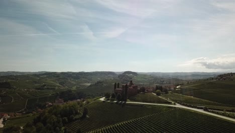 . aerial view. approaching the cavour castle in piedmont.