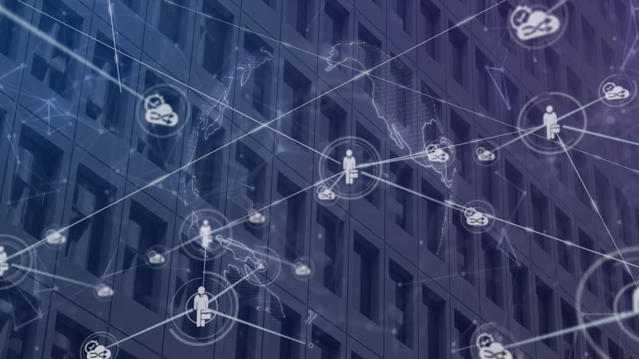 Global network connections and data processing animation over office building facade