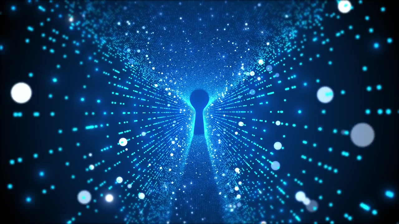 Sfondo blu buco della serratura sicurezza dati, tunnel di particelle luminose, portale di accesso digitale, privacy cibernetica