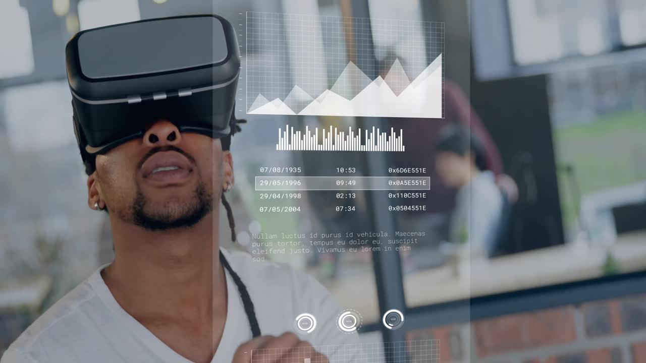 Animation of data processing over african american businessman using vr headset