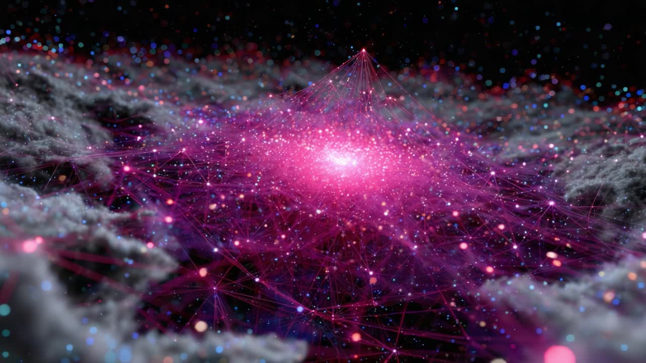 An Artistic Visualization of Data Connections Exploring the Depths of Space, Featuring a Beautiful Celestial Network of Light, Color, and Cosmic Structures in a Starlit Environment