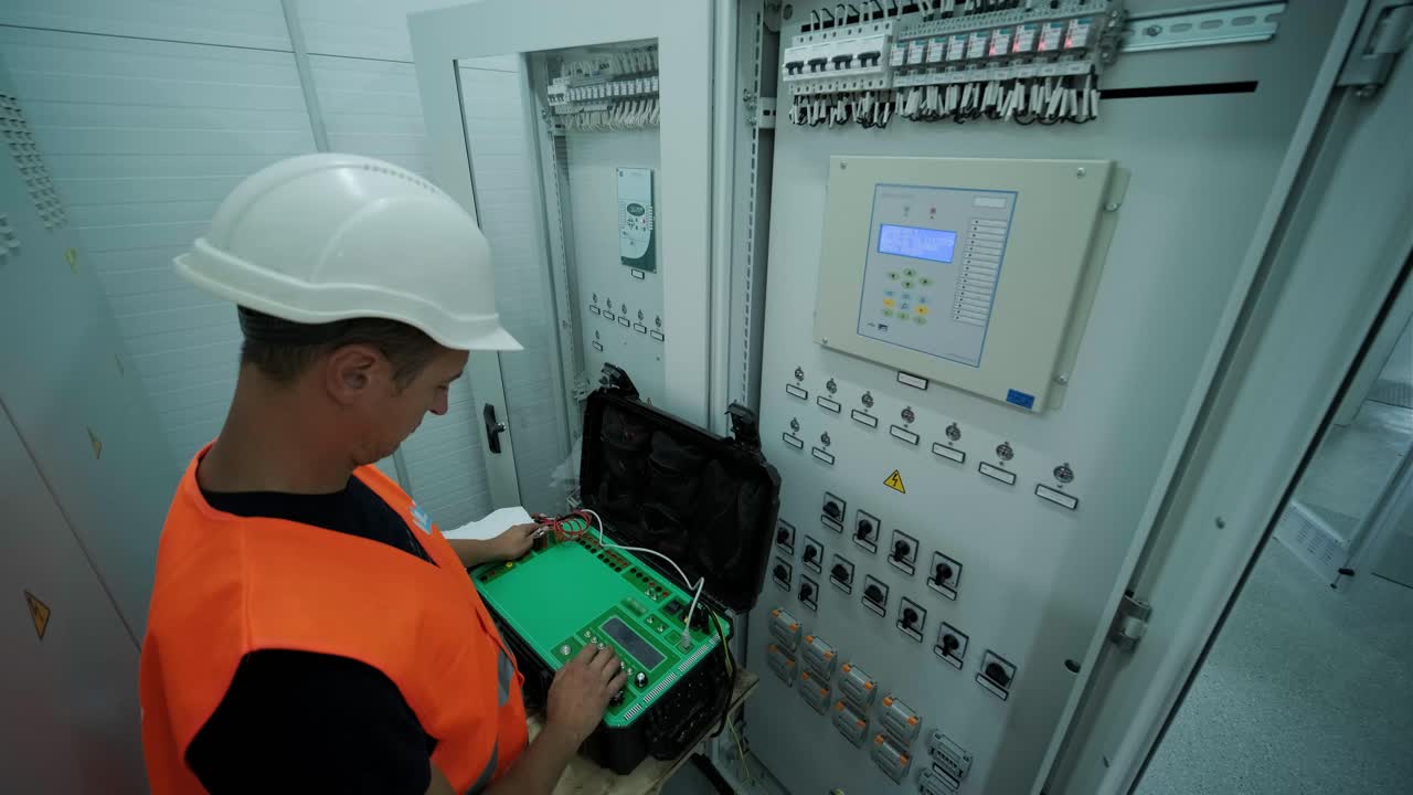el ingeniero eléctrico que trabaja comprueba la tensión de corriente eléctrica y la sobrecarga en la parte delantera del gabinete del centro de carga o de la unidad de consumo para el mantenimiento en la sala principal del sistema de distribución de energía.