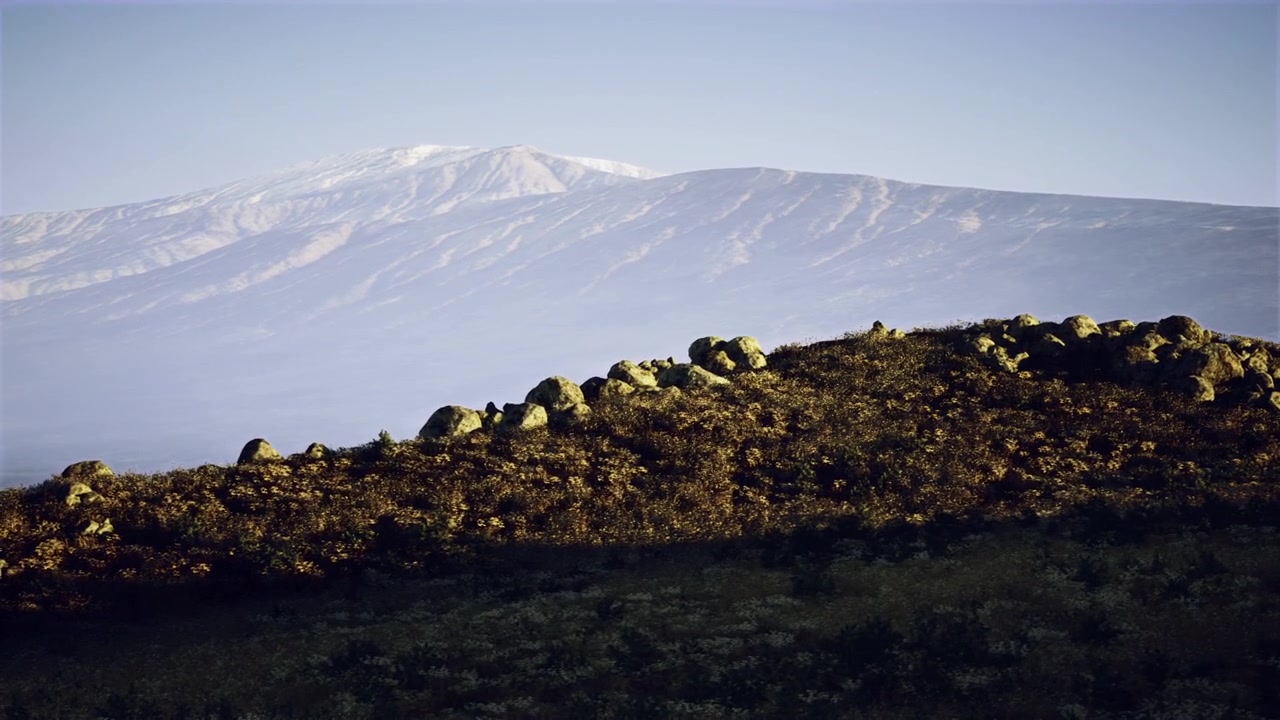 Paesaggio elevato e tranquillo caratterizzato da aspre formazioni laviche e cime innevate.