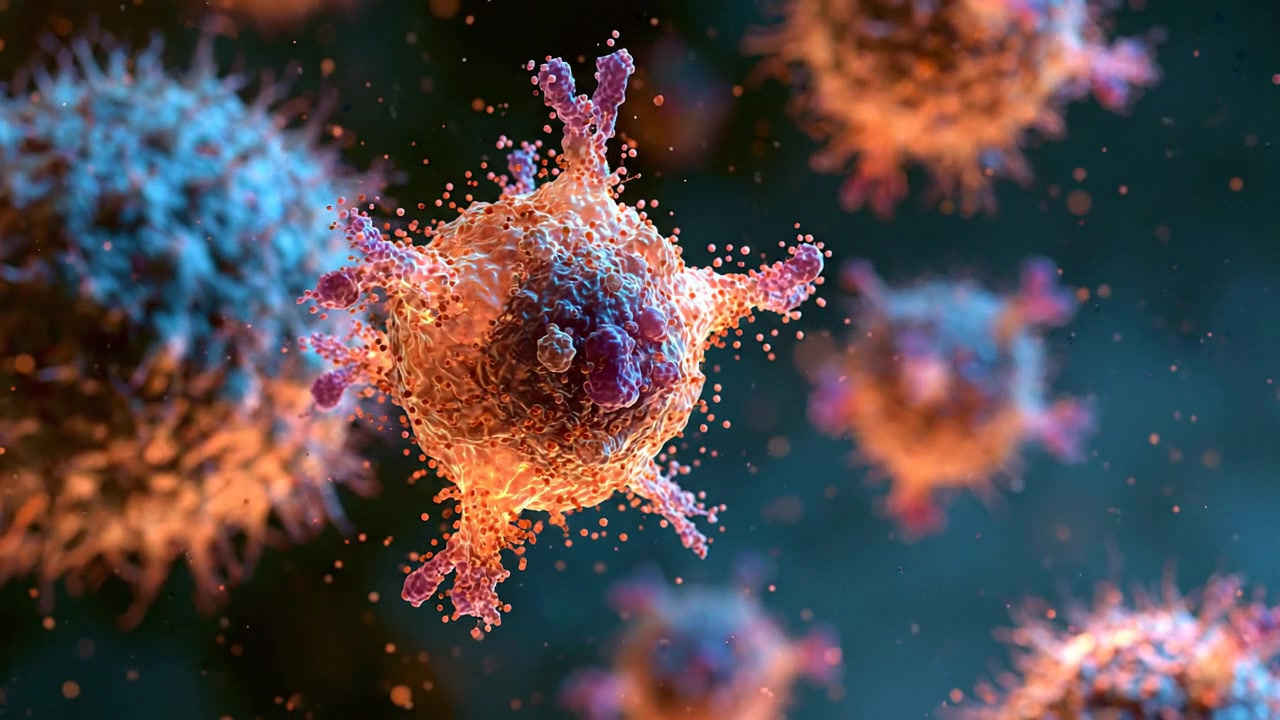 Cellula immunitaria microscopica colorata con particelle biologiche fluttuanti