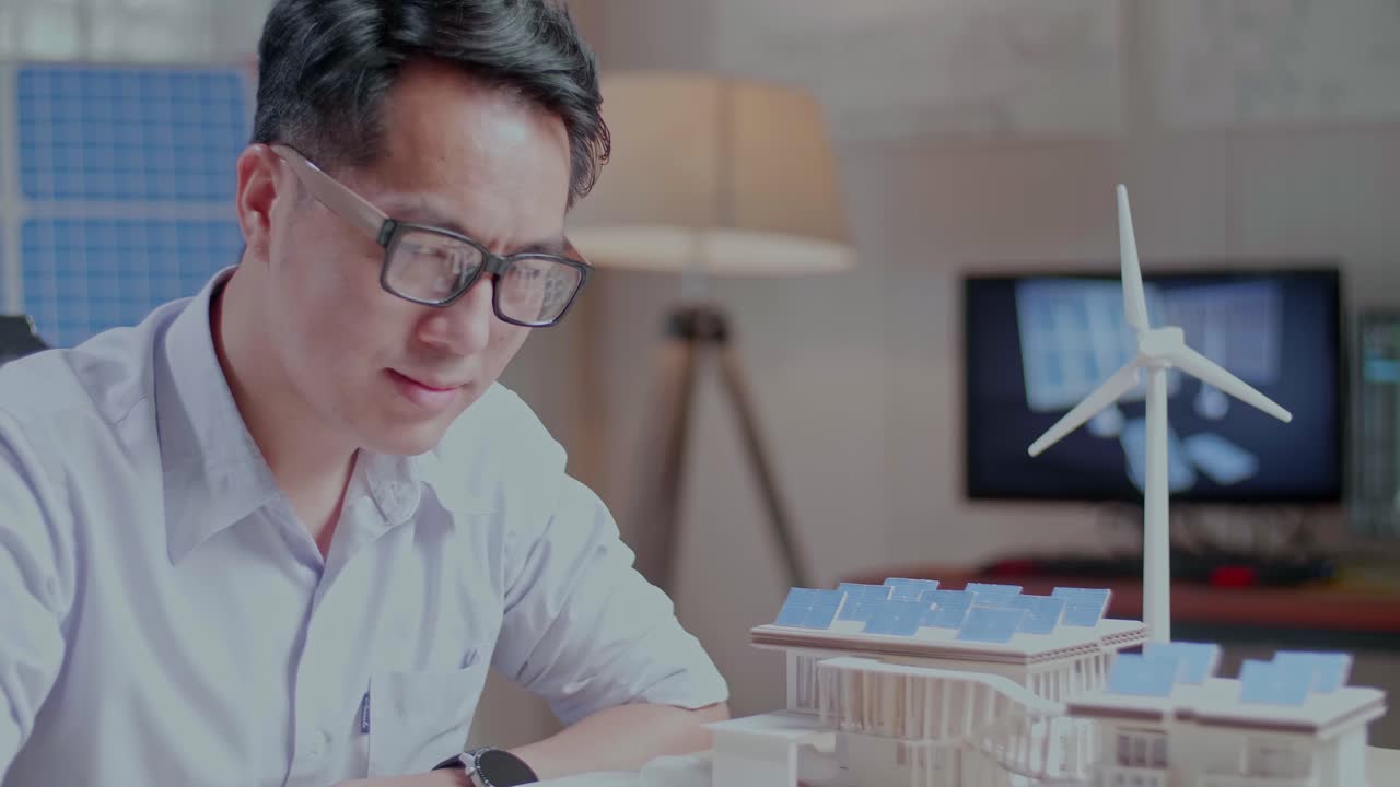 블루프린트와 태양 패널이 있는 작은 집의 모델을 작업하는 동안 카메라에 미소 짓는 아시아 남자의 클로즈업