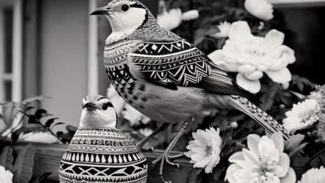 artistic black and white birds with intricate patterns