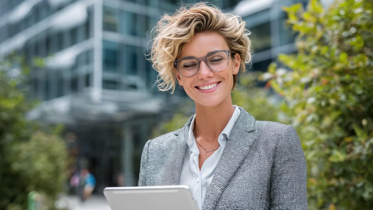 Una professionista sicura di sé in abbigliamento elegante, che sorride radiosa mentre tiene in mano un tablet in un lussureggiante ambiente verde all'esterno di un edificio moderno
