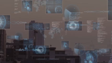 Animation of data processing against aerial view of cityscape