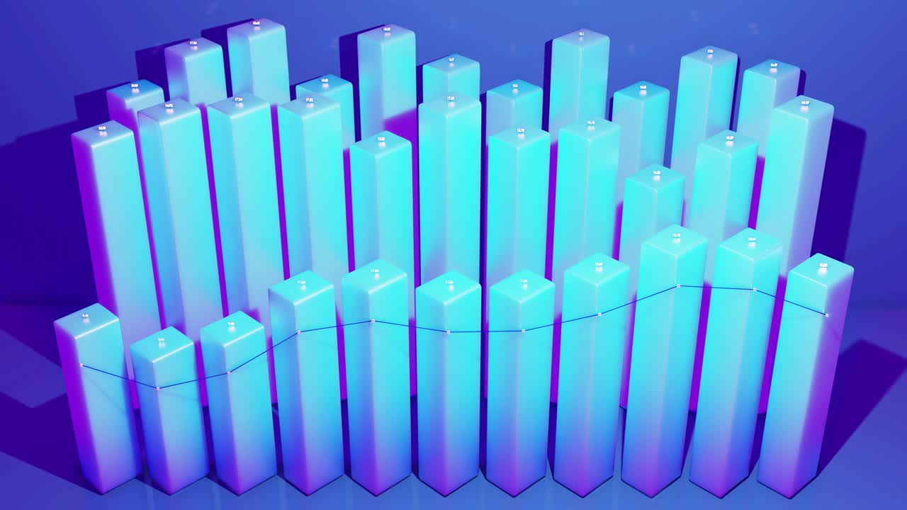 fondo financiero. hermoso fondo azul para programas analíticos con infografías abstractas, datos estadísticos. barras, contadores y gráficos. columnas 3d se mueven suavemente arriba y abajo en bucle.