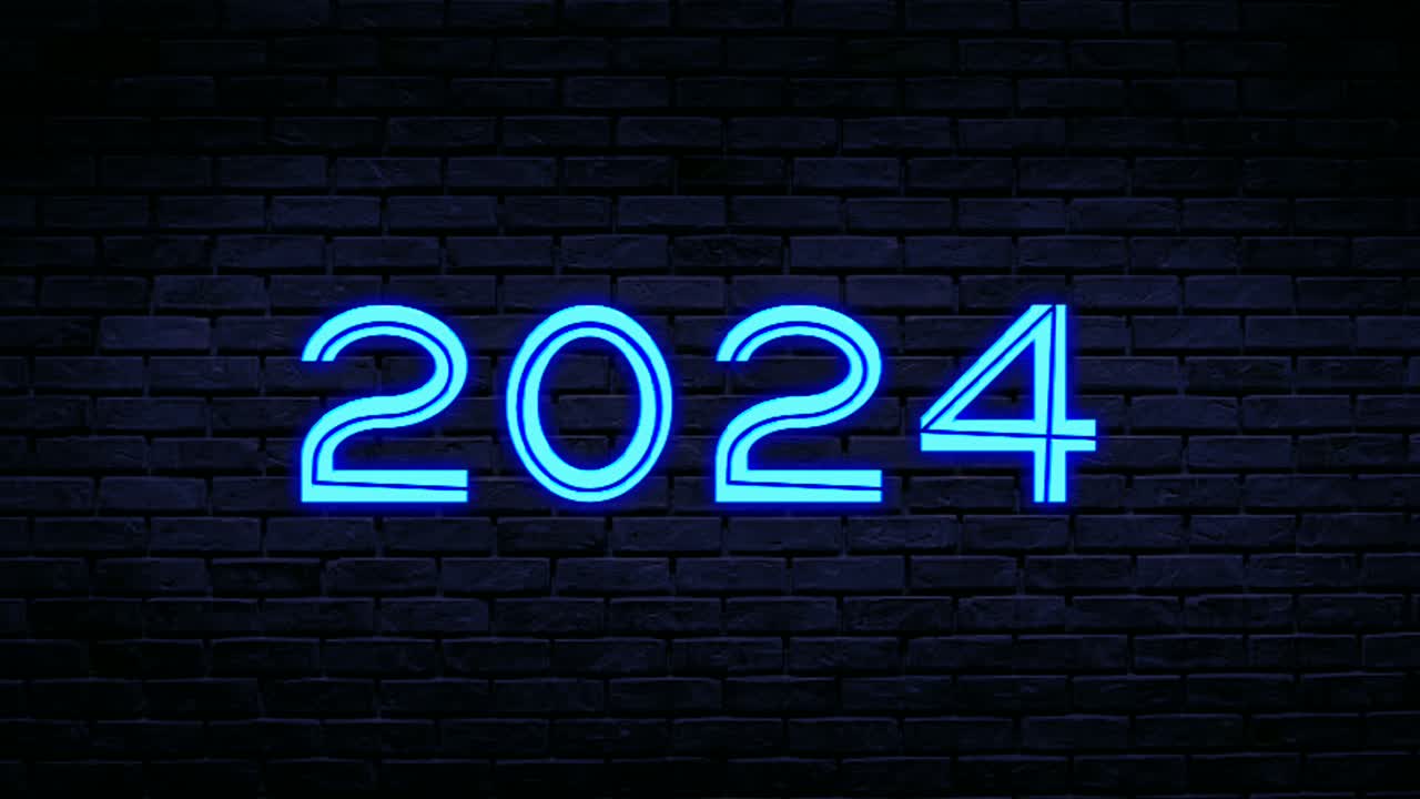número azul de neón 2024 animación gráficos de movimiento en el fondo de la pared de ladrillo