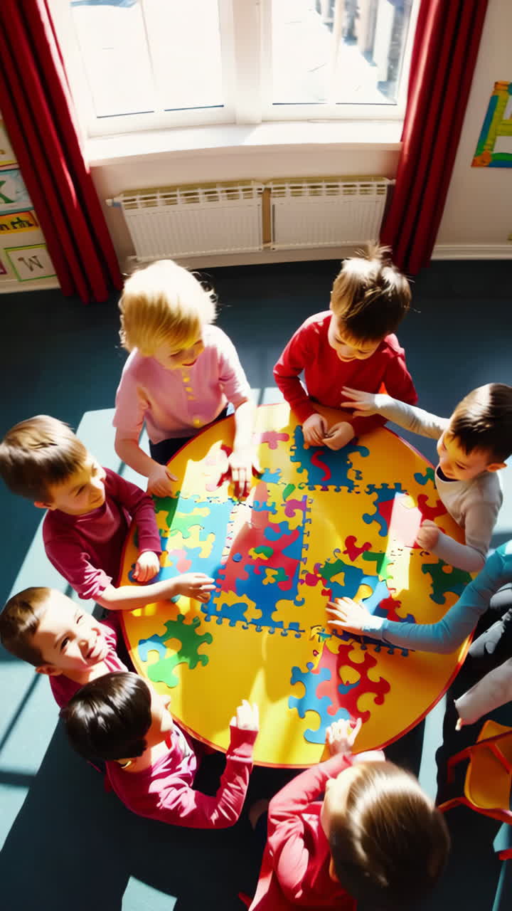 Children playing with a colorful puzzle in a classroom