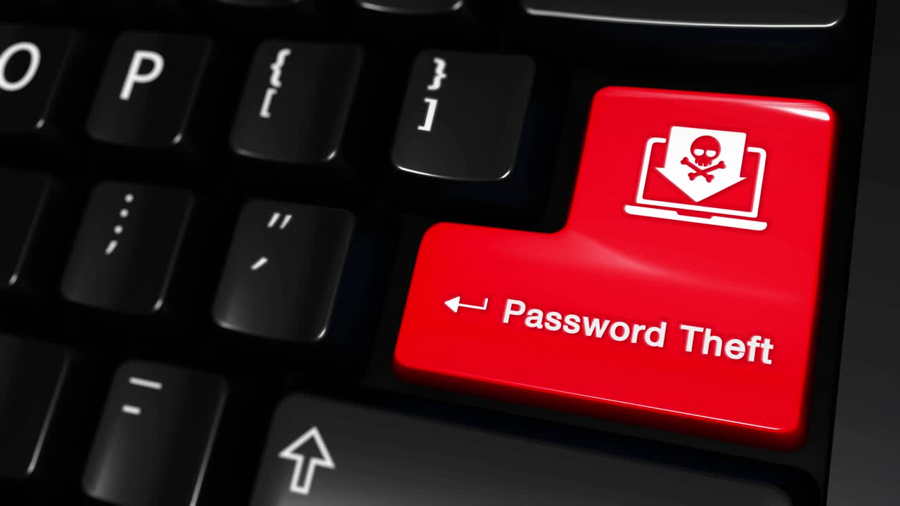109 password theft moving motion on red enter button on modern computer keyboard with text and icon