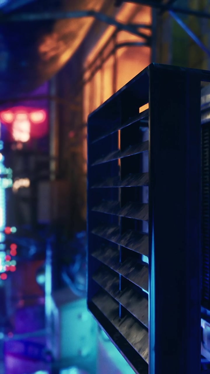 Fans and lights in a busy city alley at night
