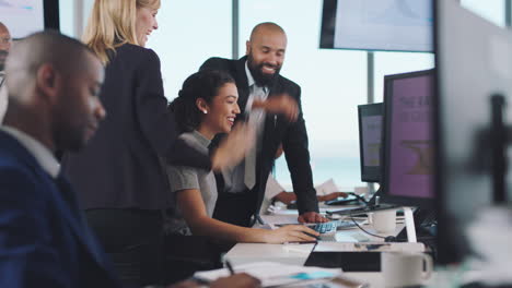 business people, computer and high five