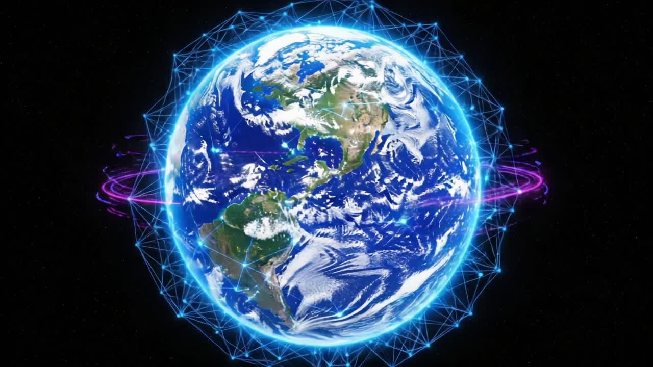 A Stunning Visual of Earth Surrounded by a Neon Network: A Depiction of Our Planet Interconnected with Digital Lines and Cosmic Energy