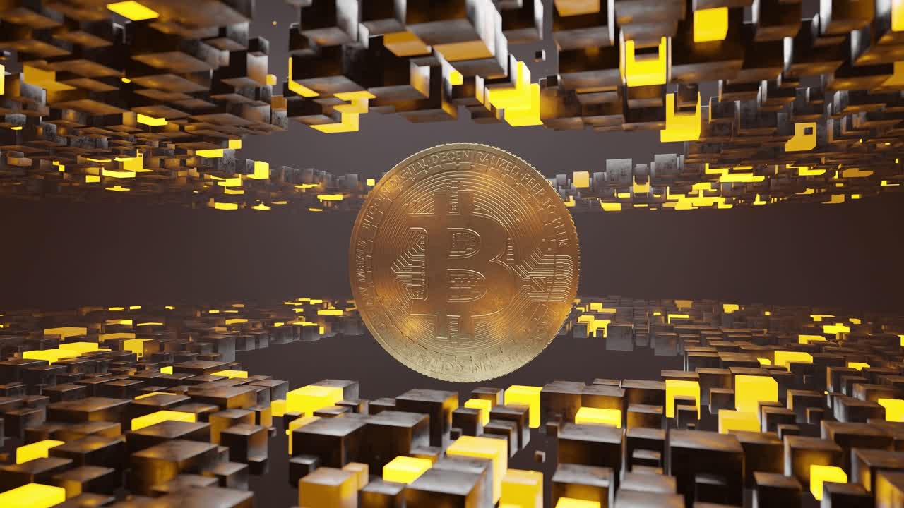 3D golden Bitcoin symbol surrounded by glowing yellow and black cubes in digital abstract space. Cryptocurrency, blockchain technology and virtual finance concept. wallpaper, header. with copy space