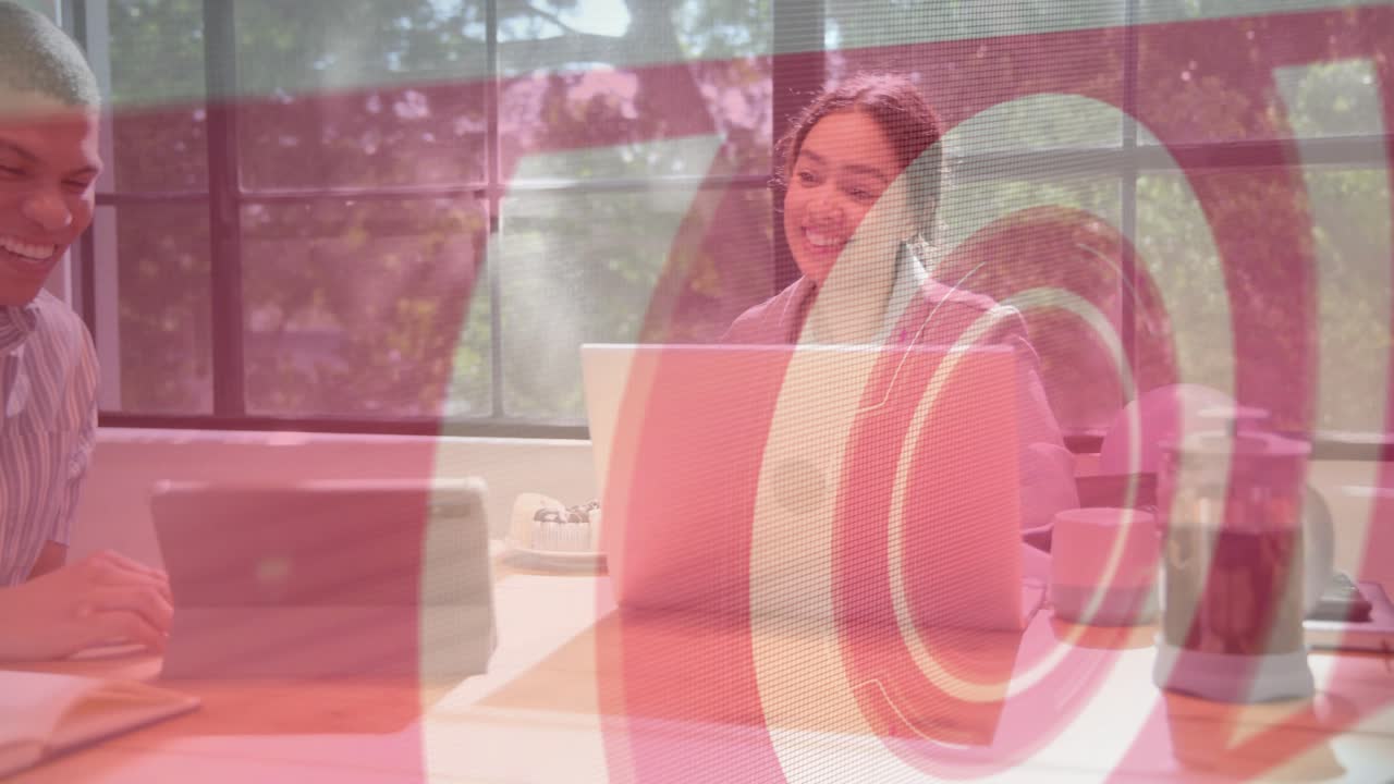 Business pair reviewing woman leaning speaking causing man reaching tablet laptop red rings overlay