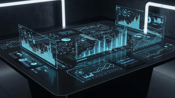 Advanced Digital Dashboard Displaying Analytical Data and Graphs with Futuristic User Interface Elements in a High-Tech Environment