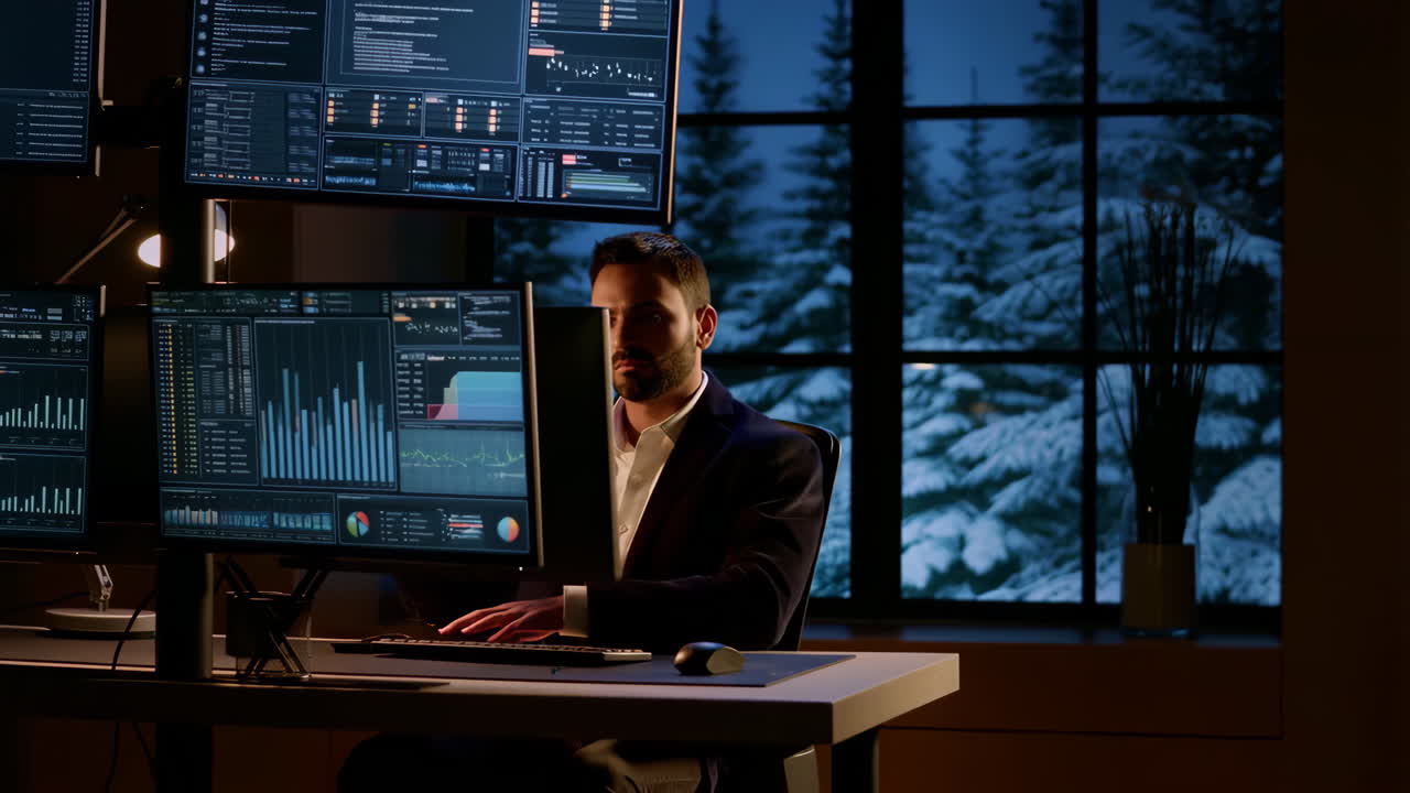 Professional Man Analyzing Data on Multiple Monitors at Night