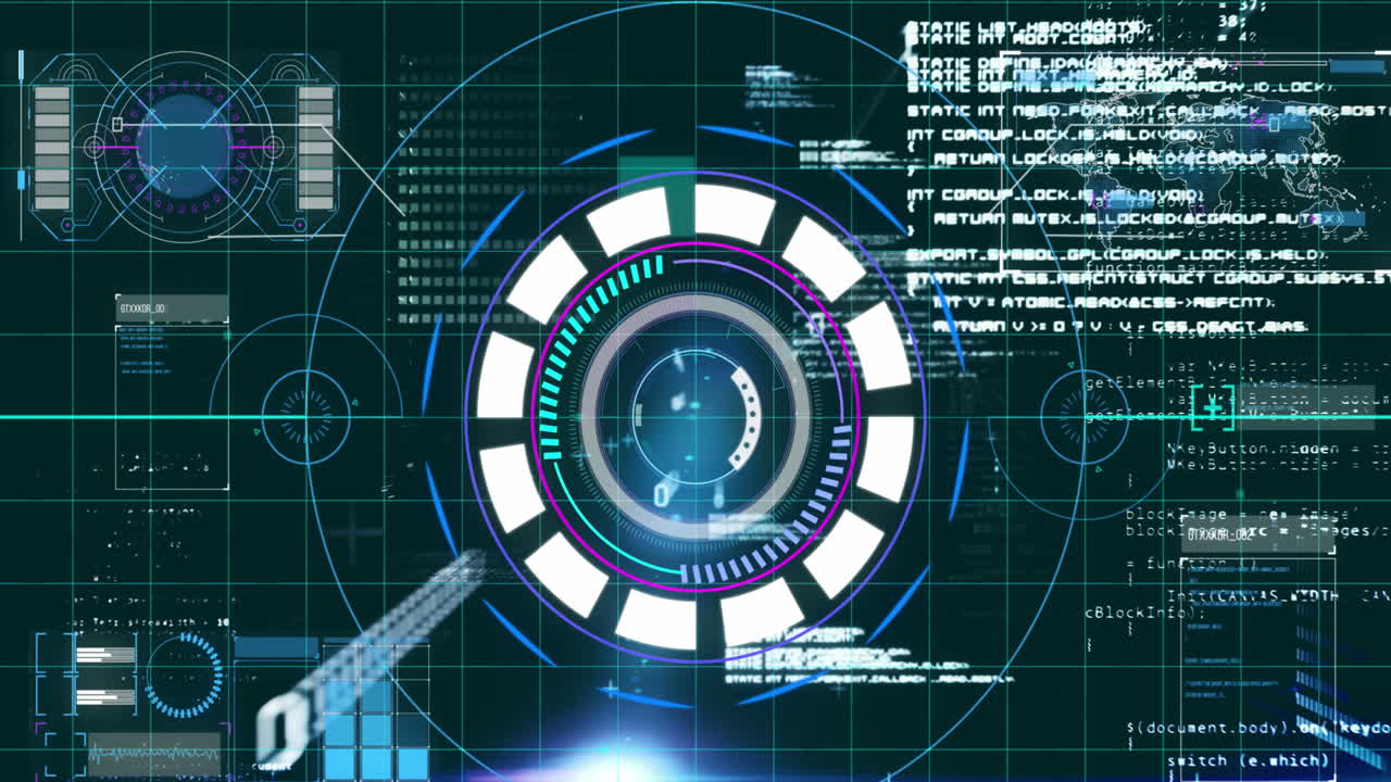 Animation of radar and computer language moving on grid background