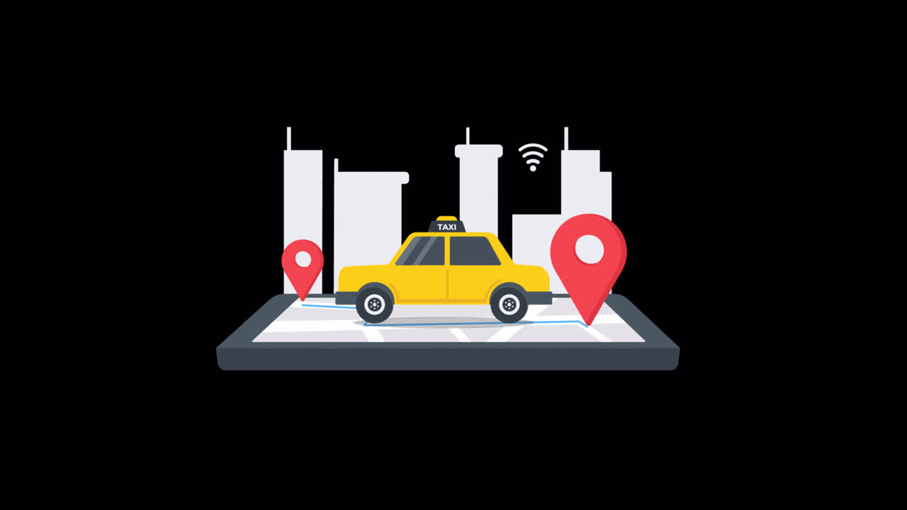 Taxi animato che guida su una mappa digitale con edifici della città