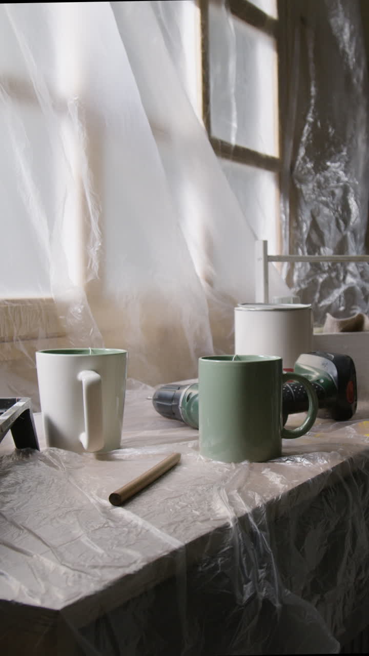 Mugs, Paint Can, and Drill During Renovation