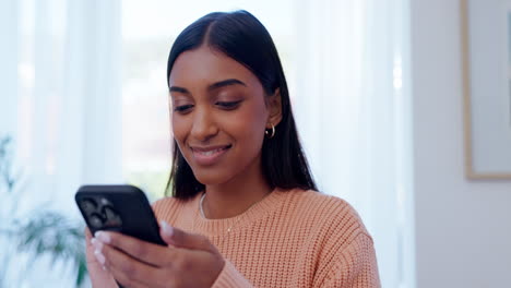 Home,-happy-and-woman-with-a-cellphone