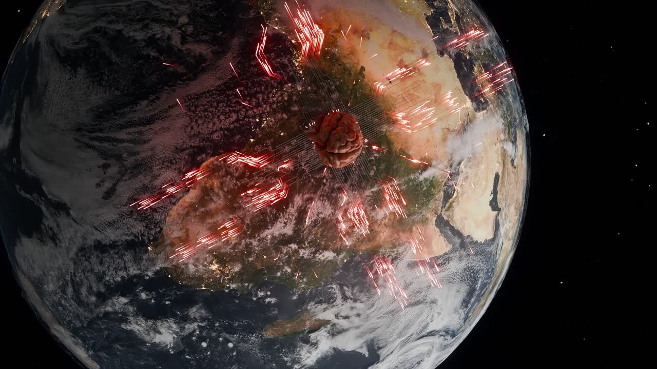 Planet Earth showing Africa from space with human brain and red digital network lines. Artificial intelligence and technological evolution concept for poster and wallpaper. vertical