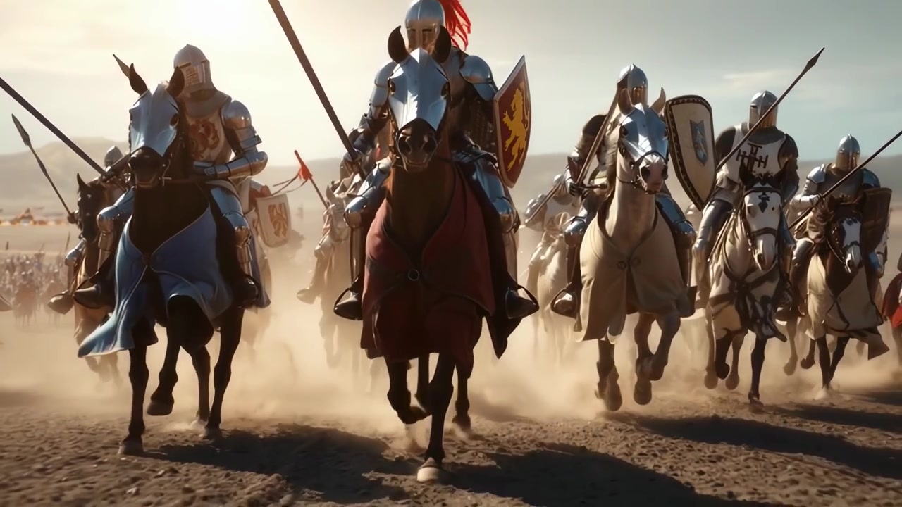 Grupo de Cavaleiros Medievais a Cavalo em um Campo Empoeirado