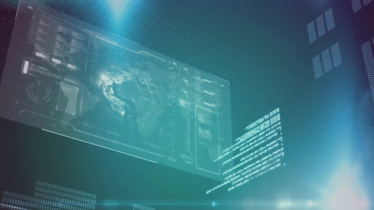 데이터 처리 및 검은 배경에 대한 파란색 빛의 점과 인터페이스의 애니메이션