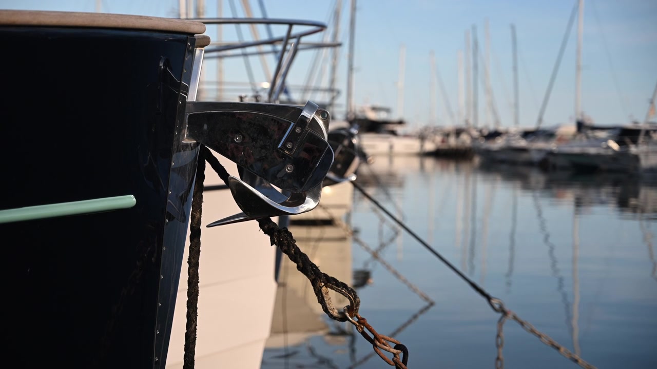 Scène paisible de port de plaisance, avec des coques de bateaux, des mâts imposants et des reflets miroitants sur une eau calme.