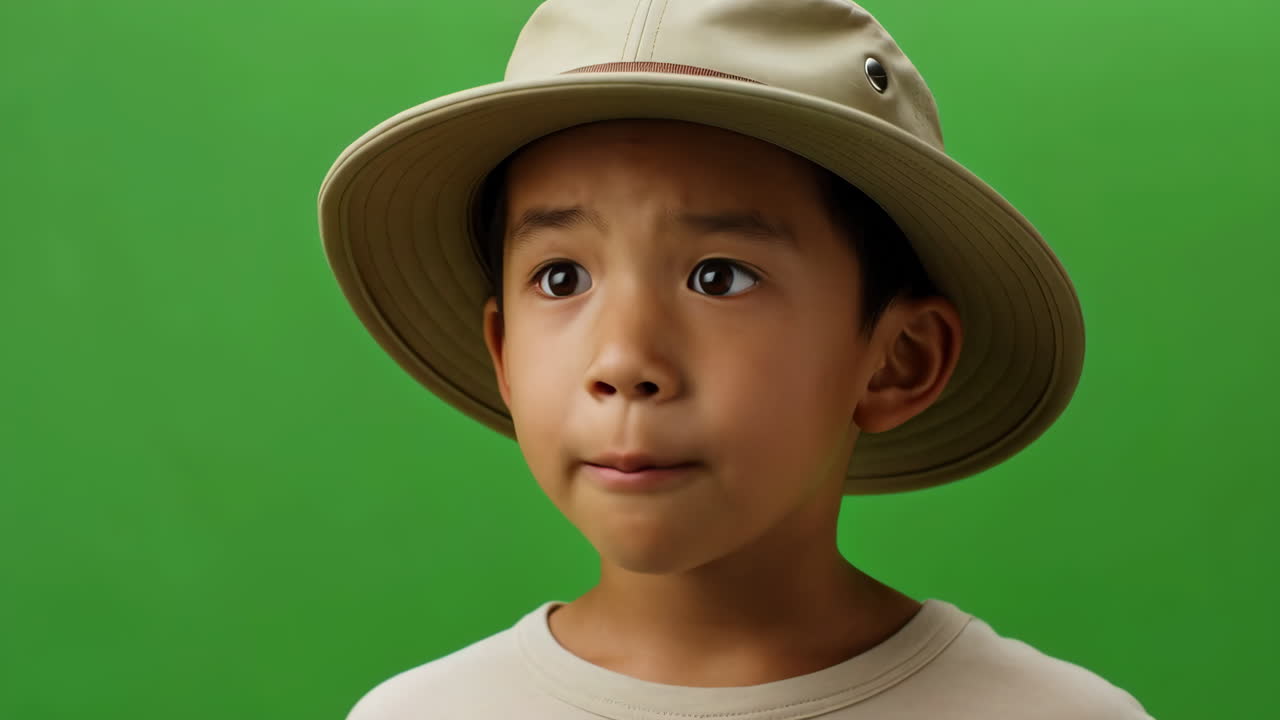 Young Boy with Safari Hat on Green Screen with Surprised Expression