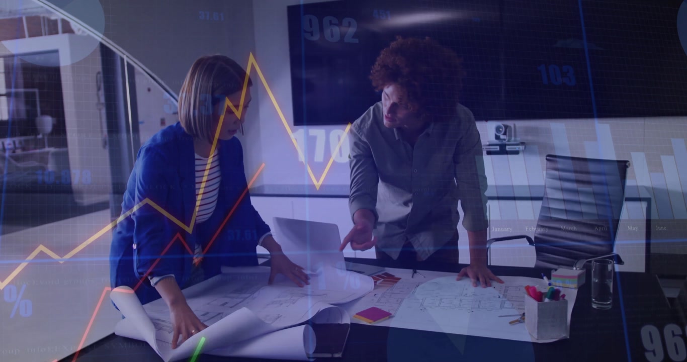woman unrolling plans and man spreading sheets in business hub, analyzing data with animated charts