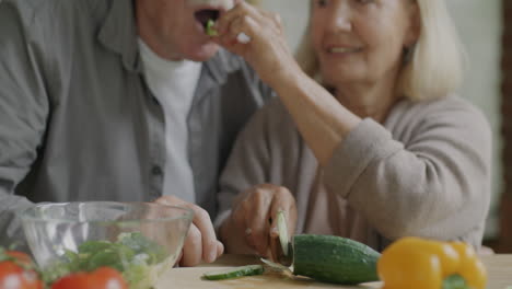 elderly couple preparing a salad