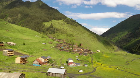 descending drone shot of dartlo in tusheti georgia with medieval combat towers