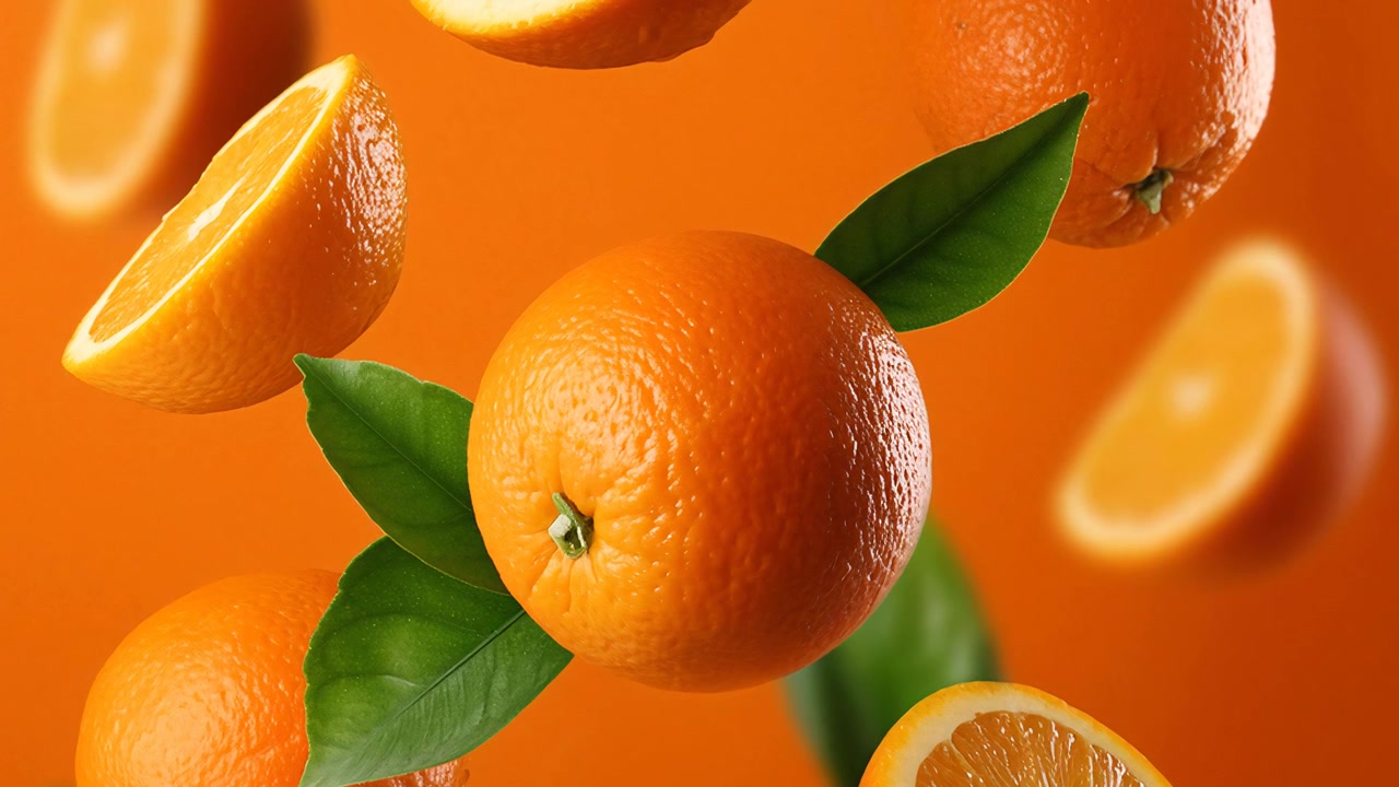 Fallende frische saftige Orangen und Scheiben auf orangefarbenem Hintergrund.