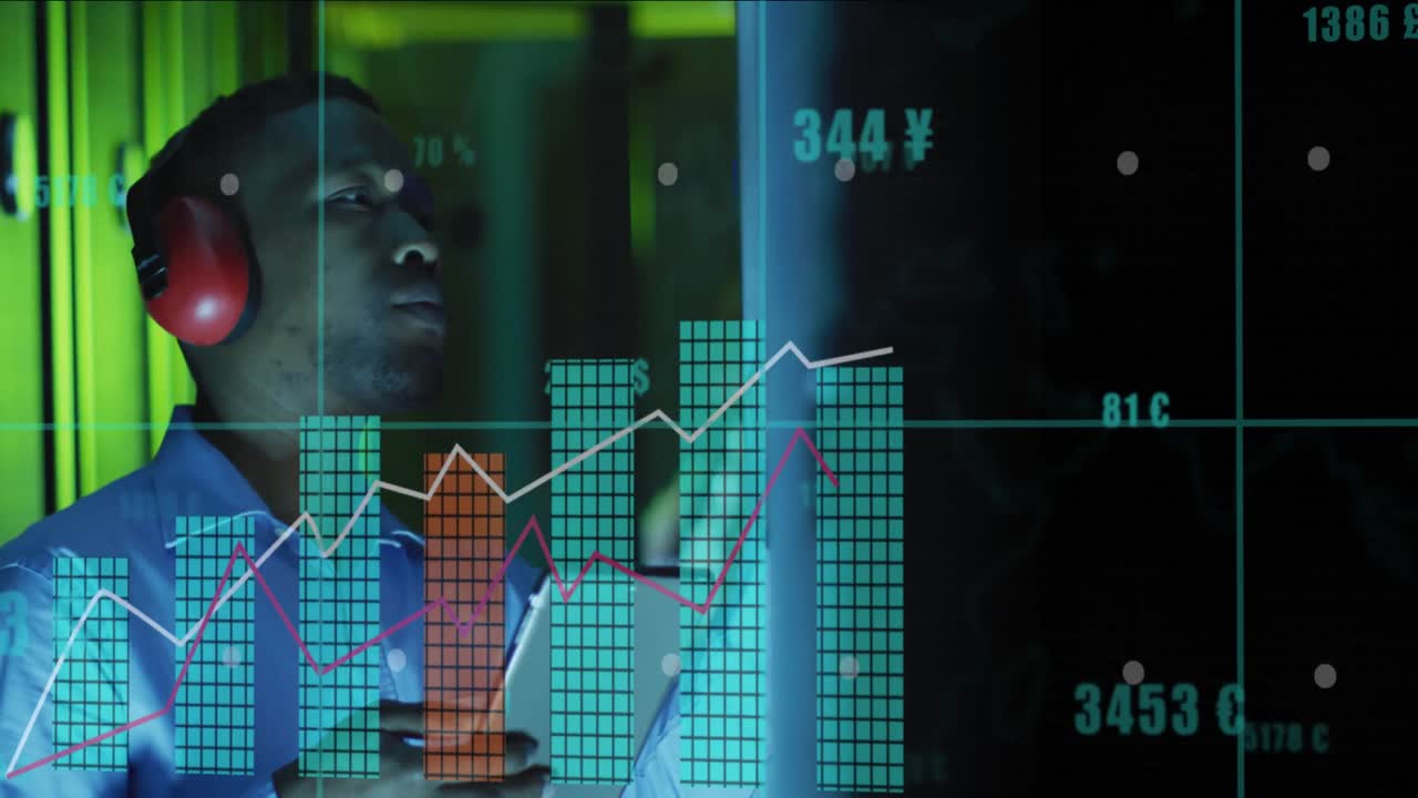 Animation of graphs and data over african american man in server room