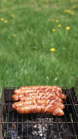 juicy sausages frying on the grill. sausages with tasting crust. barbecue cooking. vertical video