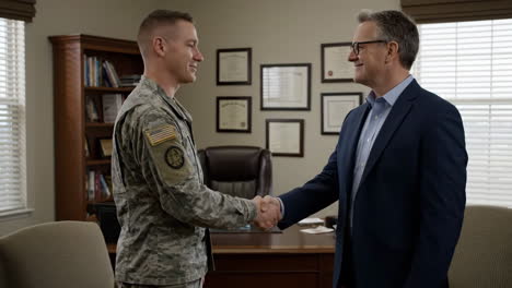 soldier and businessman shaking hands in office