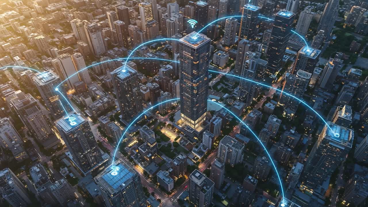 An Aerial View of a Smart City Infrastructure with Digital Connectivity, Showcasing Networked Buildings and Wi-Fi Signals Enhancing Urban Communication