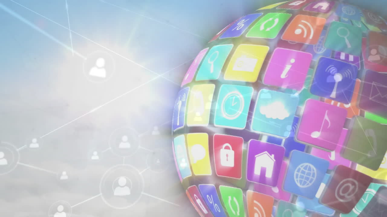 3D spherical globe of app icons floating over cloudy sky with network nodes connecting silhouettes