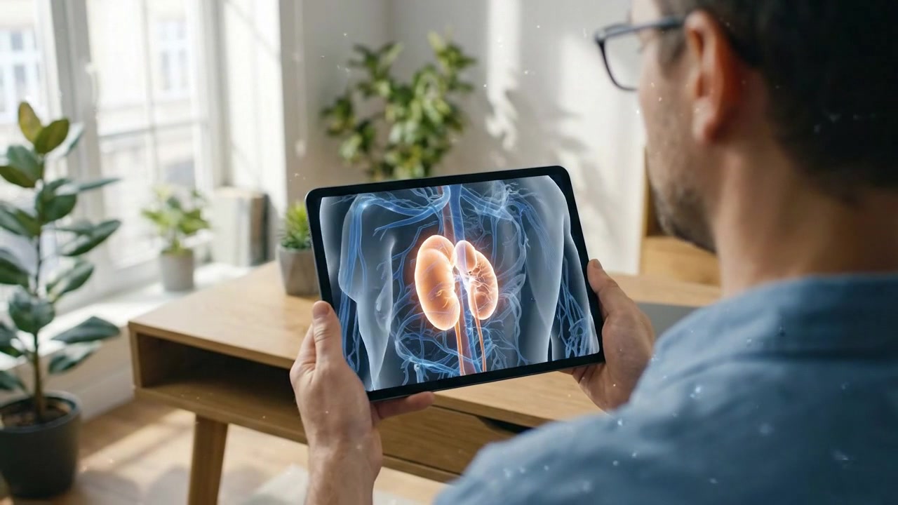 Doctor Examining 3D Human Kidney Anatomy on Digital Tablet