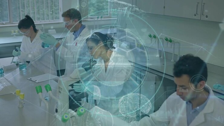 Animation of networks, data processing and scope over diverse scientists in laboratory
