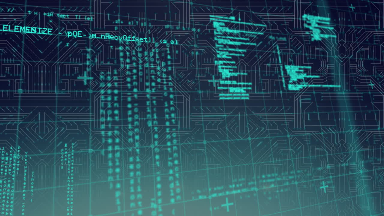 Digital animation of data processing against microprocessor connections on blue background