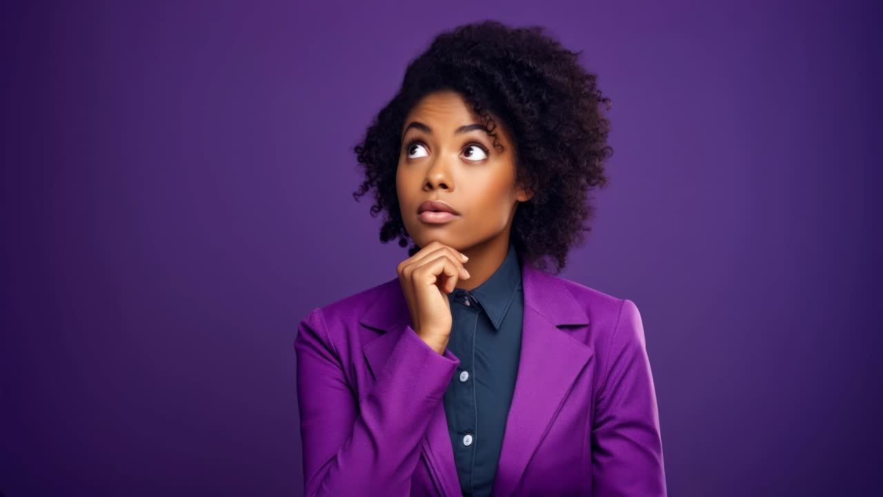 A thoughtful woman in a purple blazer gazes upward against a matching background