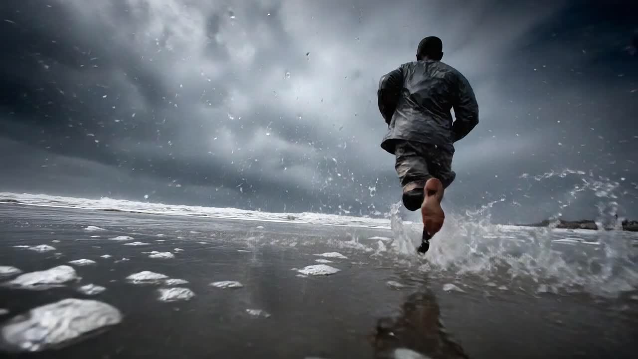 A lone figure sprints through the shallow surf, splashing water beneath a dramatic sky as storm clouds gather ominously above, capturing a moment of both movement and emotion